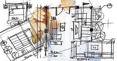 en inredningsarkitekt ritar en skiss av ett bostadshus plan., Inredningsföretag foto