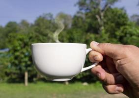 höger hand som håller en vit keramisk kopp varmt kaffe med rök ovanför en kopp i en naturlig bakgrund. förfriskningar för ett god morgonkoncept foto