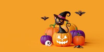 svart katt i jack o lantern pumpa, glad halloween 3d illustration foto