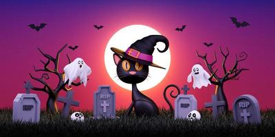 3D-illustration av svart katt på kyrkogården på en fullmånenatt, glad halloween-dag foto