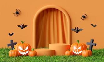 3D-illustration av halloween-podiet på gräs med jack o-lykta, spöklik spindel och söt fladdermus foto