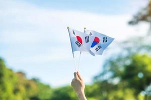 hand som håller korea flaggan på natur bakgrund. national foundation, gaecheonjeol, allmän nationshelgdag, Koreas nationella befrielsedag och glada firandekoncept foto