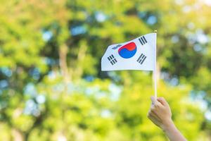 hand som håller korea flaggan på natur bakgrund. national foundation, gaecheonjeol, allmän nationshelgdag, Koreas nationella befrielsedag och glada firandekoncept foto