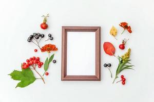 höstens blommig sammansättning. vertikal ram mockup aronia rönnbär färgglada blad dogrose blommor på vit bakgrund. höst naturliga växter ekologi koncept. platt låg ovanifrån, kopiera utrymme foto