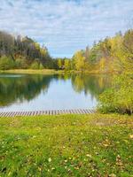 höstlandskap med träd, skog och sjö foto