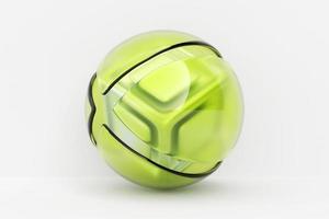 3D-illustration av en grön belysningsboll med många ansikten, kristaller sprider sig på en vit bakgrund. cyberbollsfär foto