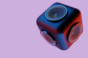3D-illustration av en fyrkantig kolumn med en musikalisk högtalare på en svart isolerad bakgrund. ljudanläggning med högtalare för konserter och fester foto