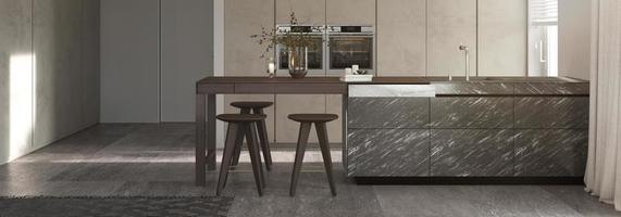 minimalism modern inredning. studio köksrum med köksö och stolar. 3d-rendering. 3d illustration. foto