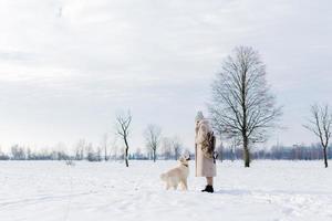 ung vacker kvinna och hennes golden retriever hund ha kul på vintern. foto