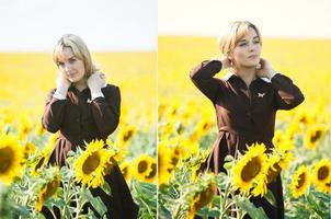 porträtt av rysk skolflicka i solrosfältet foto
