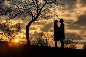 silhuett av romantiska par i kärlek, man och kvinnor i solnedgången himlen. romantisk av relationer mellan par kärlek i trädgården foto