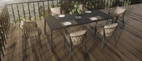 modern inredning balkong med matbord. hem utomhusterrass 3D-rendering illustration med naturvy bakgrund. webbbanner. foto