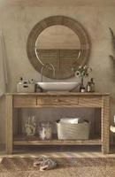 boho skandinavisk stil i heminredningsbakgrund. beige badrum med naturliga trämöbler. 3d-rendering. 3d illustration. foto