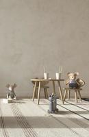 barnrumsinredning i skandinavisk stil. mock up på vägg bakgrund. barn bondgård stil 3d rendering illustration. bord med stolar och leksaker. foto