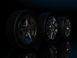 auto hjul med krom skivor närbild på en mörk bakgrund. 3d rendering foto