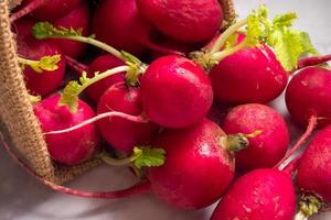 närbild av röda mogna rädisor i en korg med grunge bakgrund foto