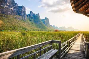 vackert landskap av träbro gångväg i träsk med gräsfält med blå himmel bergskedja bakgrund i khao sam roi yot nationalpark, kui buri distriktet, prachuap khiri khan, thailand foto