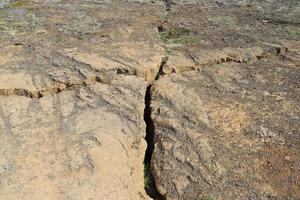 det vulkaniska landskapet runt vulkanen leirhnjukur på island - svavel, klippor och ödemark. foto