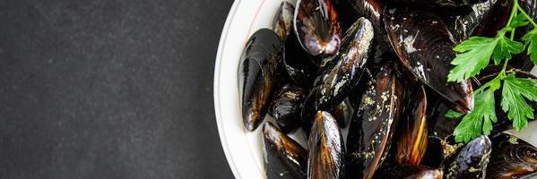musslor skal skaldjur måltid mat mellanmål på bordet kopia utrymme mat bakgrund foto