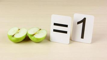 skolkort och äpple med matematiska problem foto