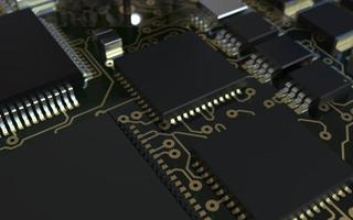 processorchip på ett kretskort i rött bakgrundsbelysning. 3D-illustration på ämnet teknik och kraften i artificiell intelligens. foto