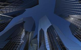 moderna höghus mot himlen. 3D-illustration på temat affärsframgång och teknik foto