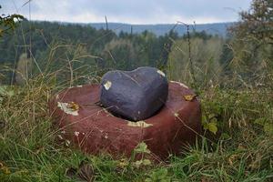 lila stenhjärta vid vägkanten framför en äng, skog. foto