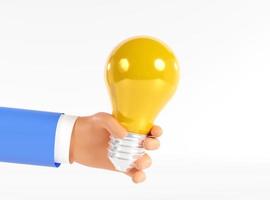 tecknad affärsman hand som håller en stor glödlampa isolerad på vit bakgrund. begreppet kreativitet. 3d illustration. foto