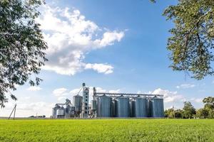 silversilos på agro-bearbetnings- och tillverkningsanläggning för bearbetning av kemtvätt och lagring av jordbruksprodukter, mjöl, spannmål och spannmål. spannmålshiss. foto