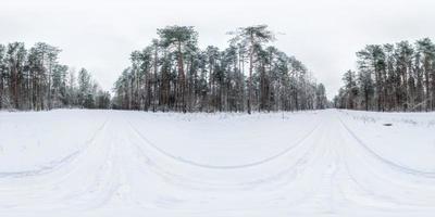 vinter full sfärisk 360 graders vinkel panoramaväg i en snöig skog med grå blek himmel i ekvirektangulär projektion. vr ar innehåll foto