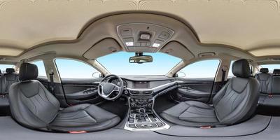 360 vinkel panoramavy i interiören av prestige modern bil blå bakgrund. fullständigt 360 gånger 180 grader sömlöst ekvirektangulärt ekvidistant sfäriskt panorama. bakgrund för vr ar-innehåll foto