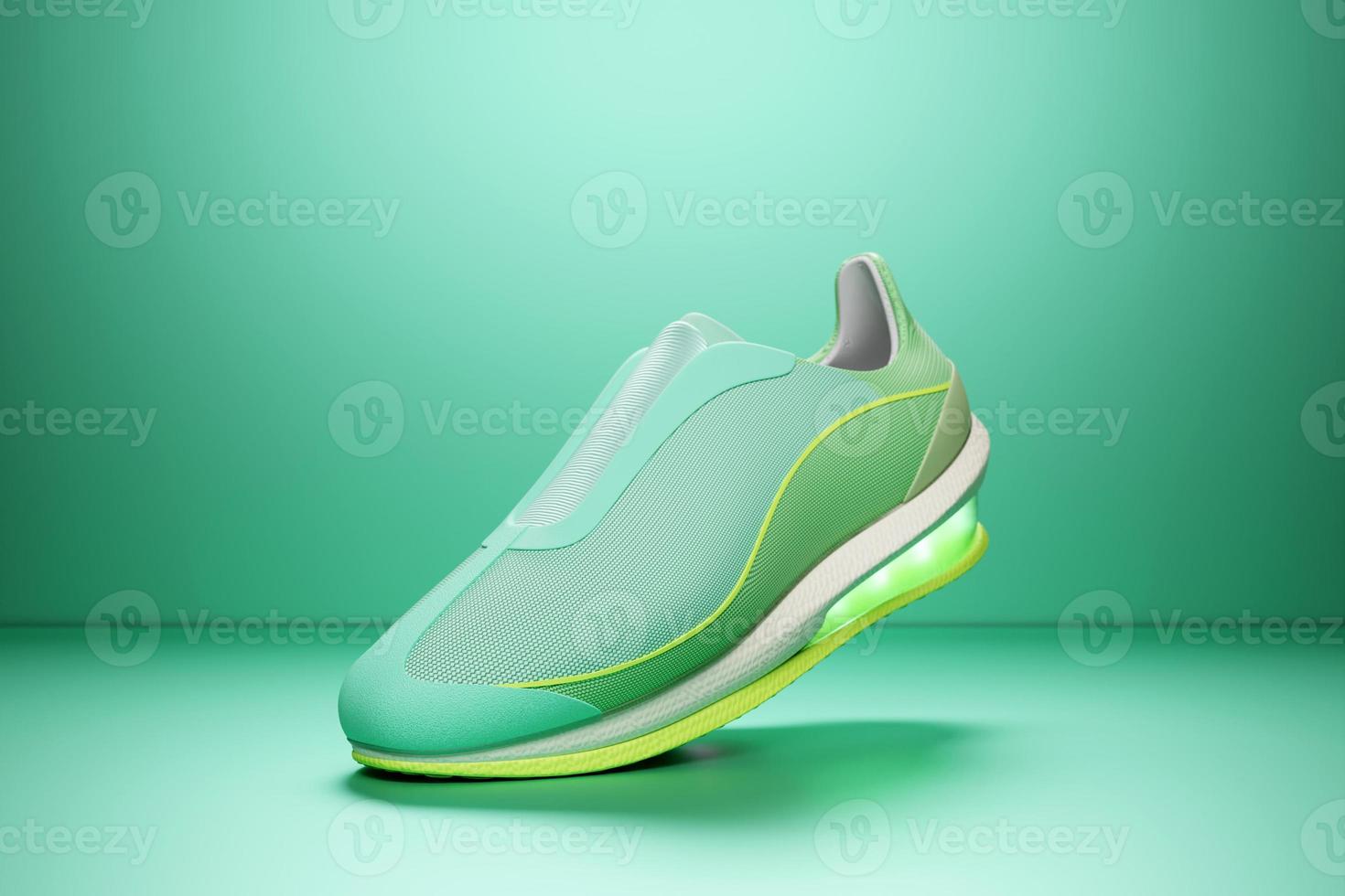 groene sneakers op de zool. het concept van heldere modieuze sneakers, 3D-rendering. foto