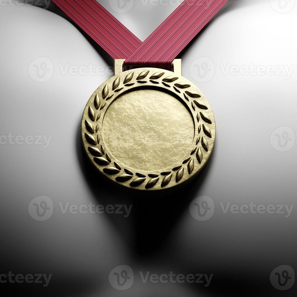 medaille goud, winnaar prijs award opknoping met rood lint op de borst van de atleet. gouden trofee in sport voor eerste plaatskampioen 3d render foto