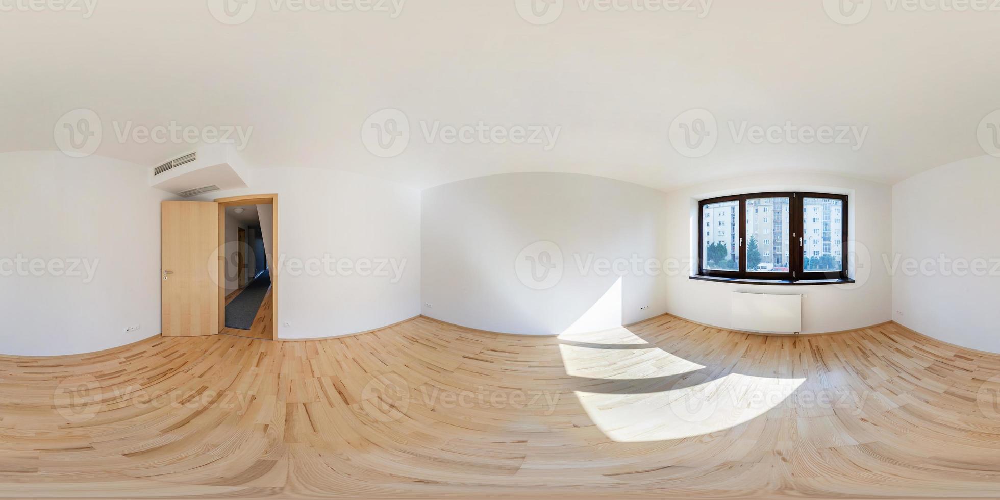 panorama 360-weergave in moderne witte lege loft appartement interieur van woonkamer hal, volledige naadloze 360 graden hoekweergave panorama in equirectangular sferische equidistante projectie. vr ar inhoud foto