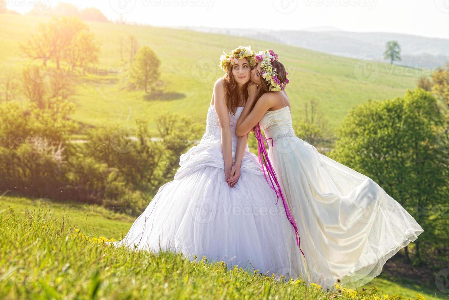 2 mooie bruid in de ochtend, idyllische weide, vriendschapssymbool foto