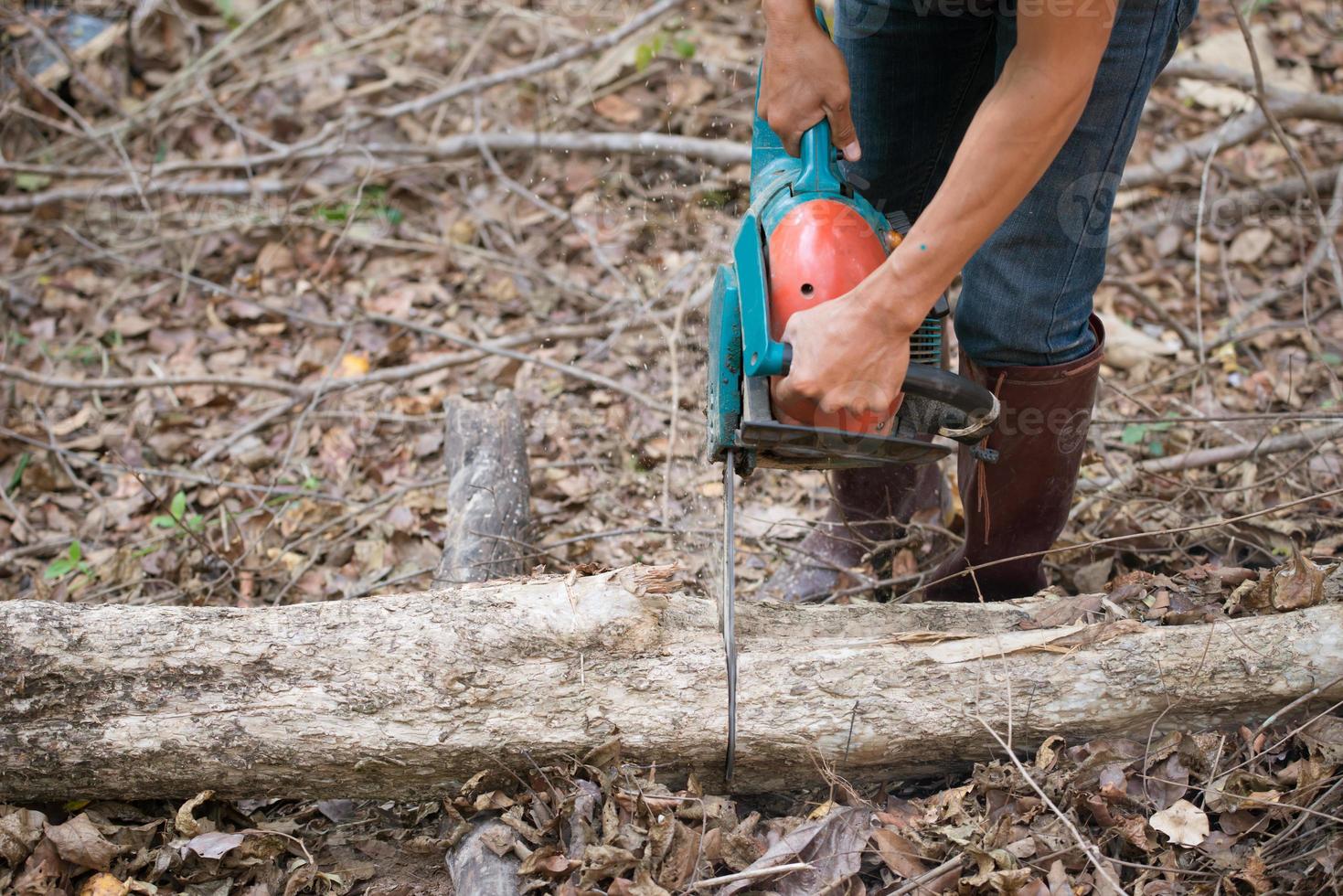 man die het hout snijdt met een kettingzaag foto