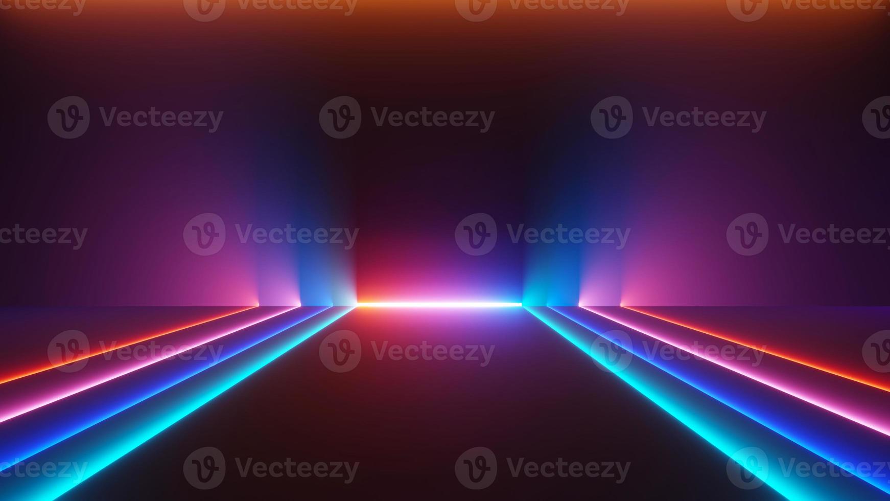 3d geef van verlicht neon en licht terug dat op donkere scène gloeit. snelheid licht bewegende lijnen. abstracte eenvoudige kleurrijke verlichting neon achtergrond. foto