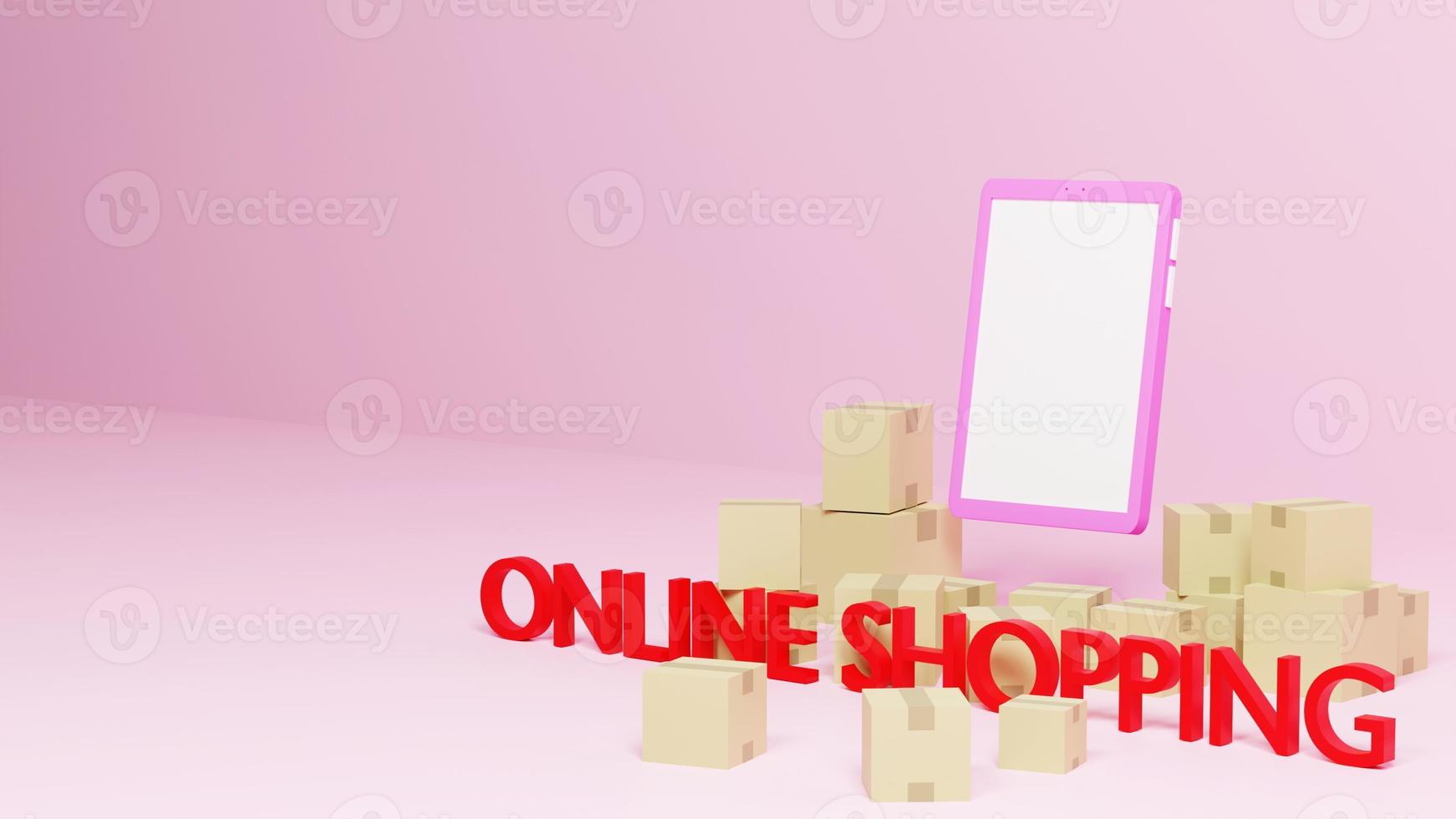 online shopping concept, mobiele telefoon en papieren dozen of pakket gelegd op roze achtergrond, 3d render. foto