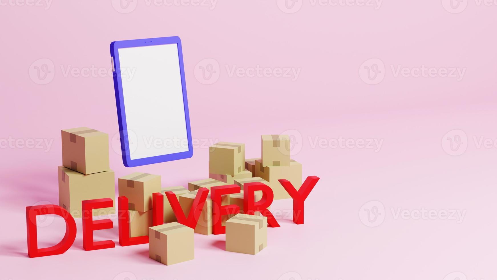 online shopping concept, mobiele telefoon en papieren dozen of pakket gelegd op roze achtergrond, 3d render. foto