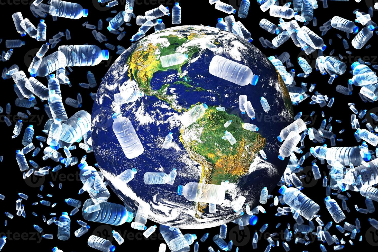 het concept van plastic afval dat de wereld overstroomt. een wereldbol met alleen plastic afval plastic waterfles foto