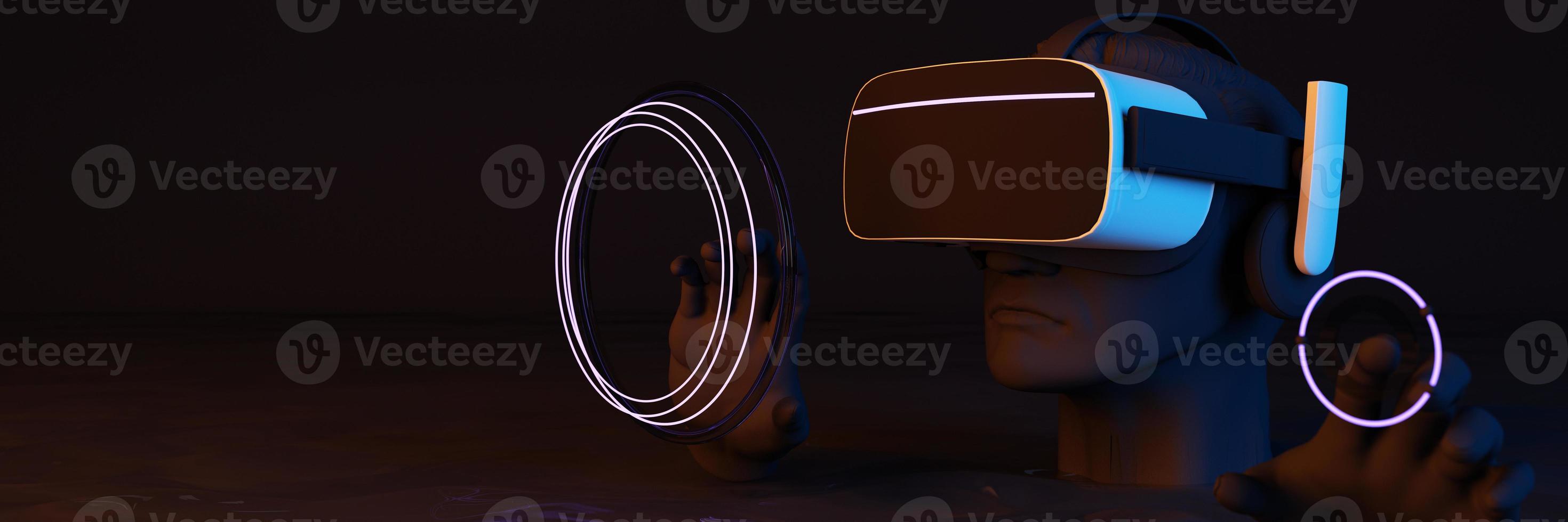 surrealistische scène van een abstracte mannenfiguur met vr-bril in vloeistof met neonverlichting. hand die de gloeiende ring bestuurt. metaverse concept, nft, creatieve kunst en technologie. realistische 3D-weergave foto