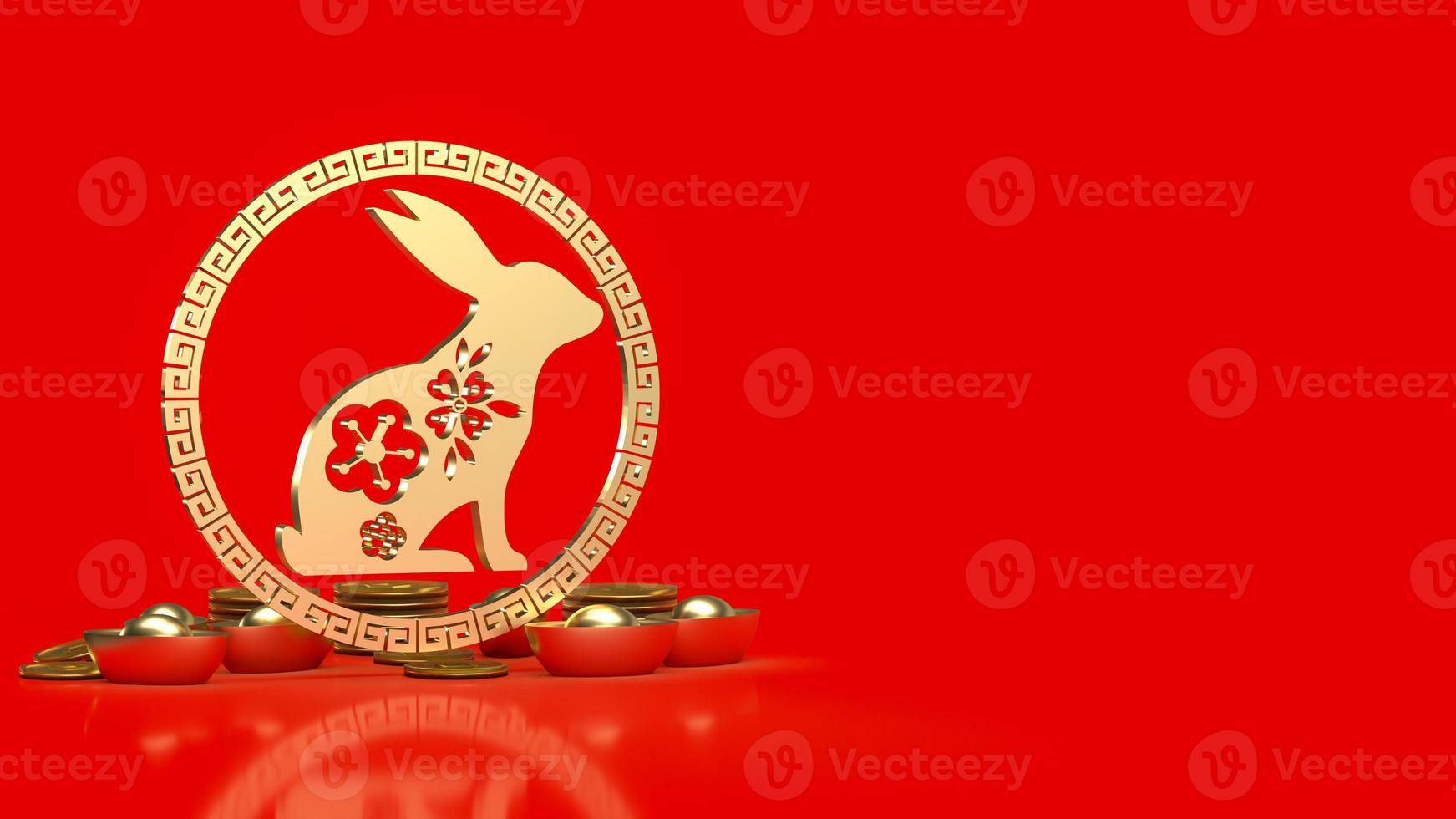 het gouden konijn en het Chinese geld voor het 3D-rendering van het vieringsconcept foto