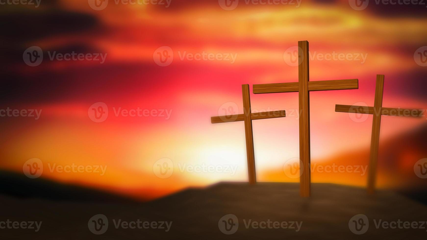 silhouet kruis op Golgotha berg zonsondergang pasen concept 3D-rendering foto