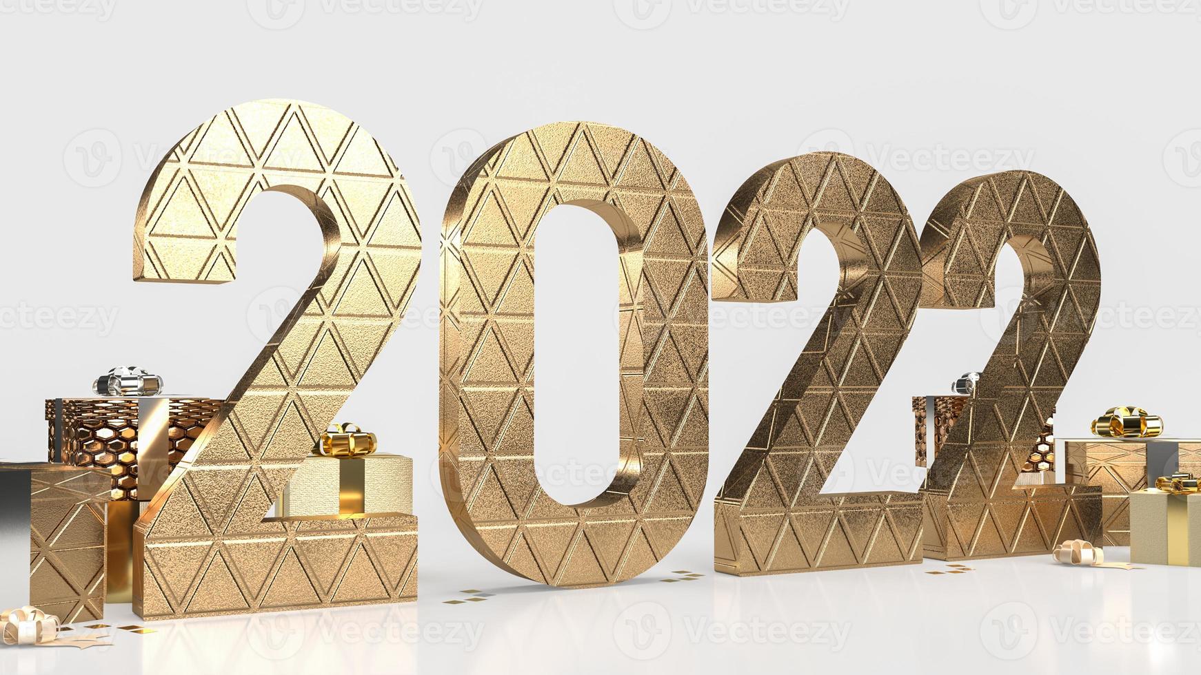 het gouden nummer 2022 en de geschenkdoos op een witte achtergrond voor het nieuwe jaar of het bedrijfsconcept 3D-rendering foto