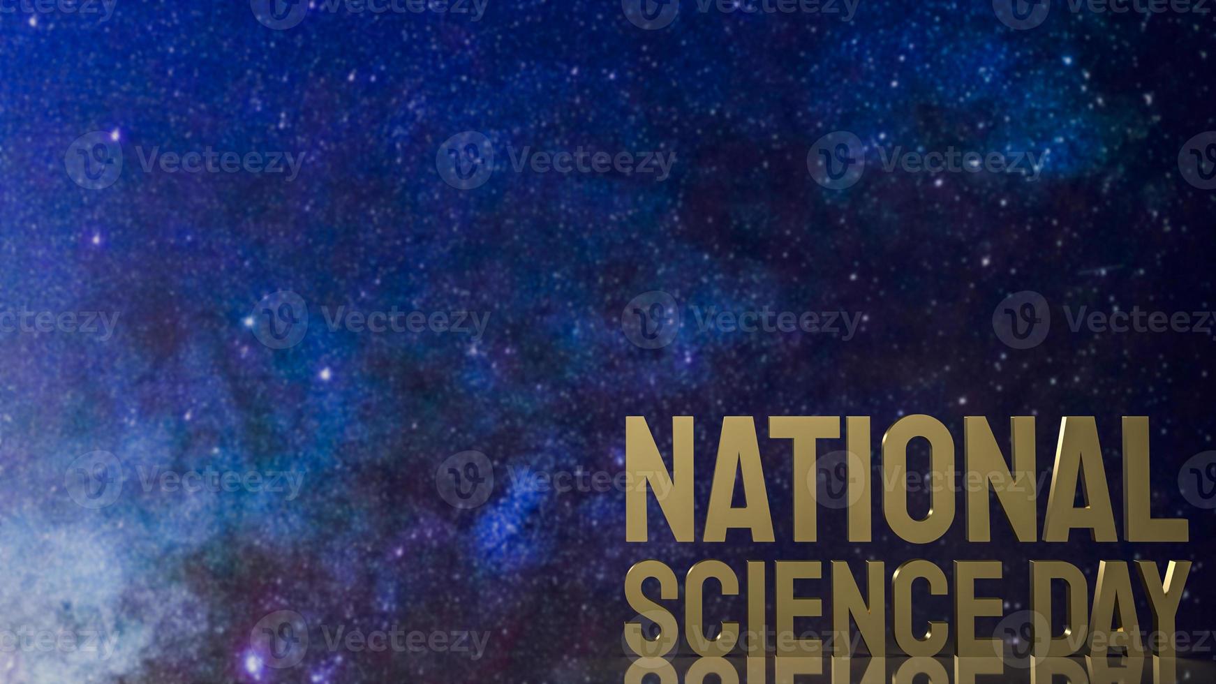de gouden tekst van de nationale wetenschapsdag op ruimteachtergrond voor het 3d teruggeven van het sci-concept foto