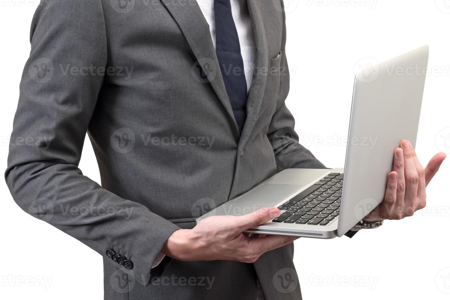 zakenman bedrijf laptop geïsoleerd op een witte achtergrond. foto