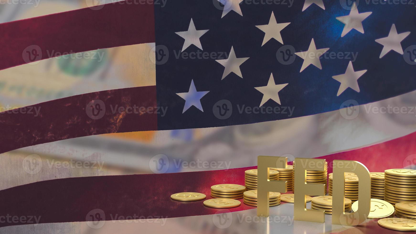 de gouden tekst gevoed en munten op de vlag van de VS achtergrond voor bedrijfsconcept 3D-rendering foto