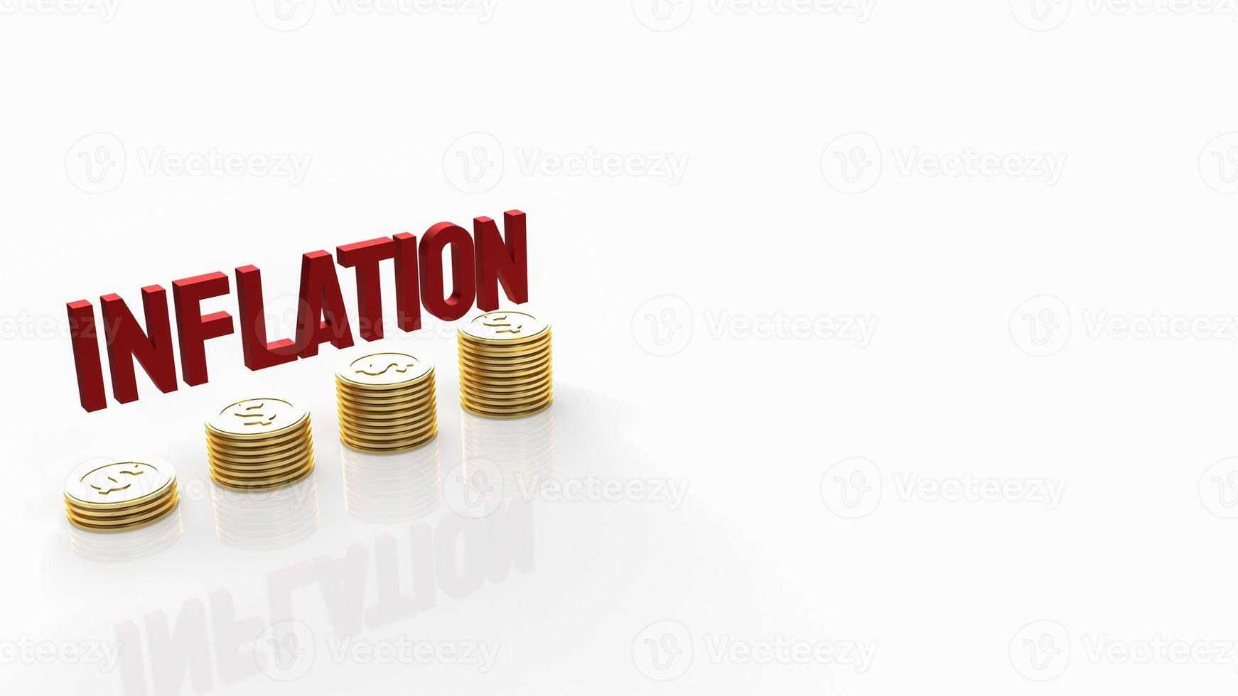 de rode inflatie en gouden munten op witte achtergrond 3D-rendering foto