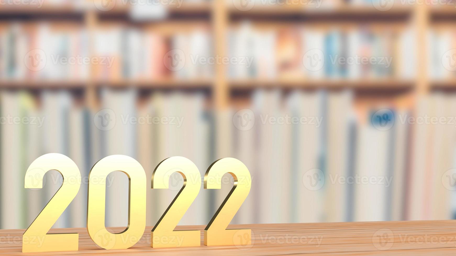gouden nummer 2022 op houten tafel voor nieuwjaarsconcept 3D-rendering foto