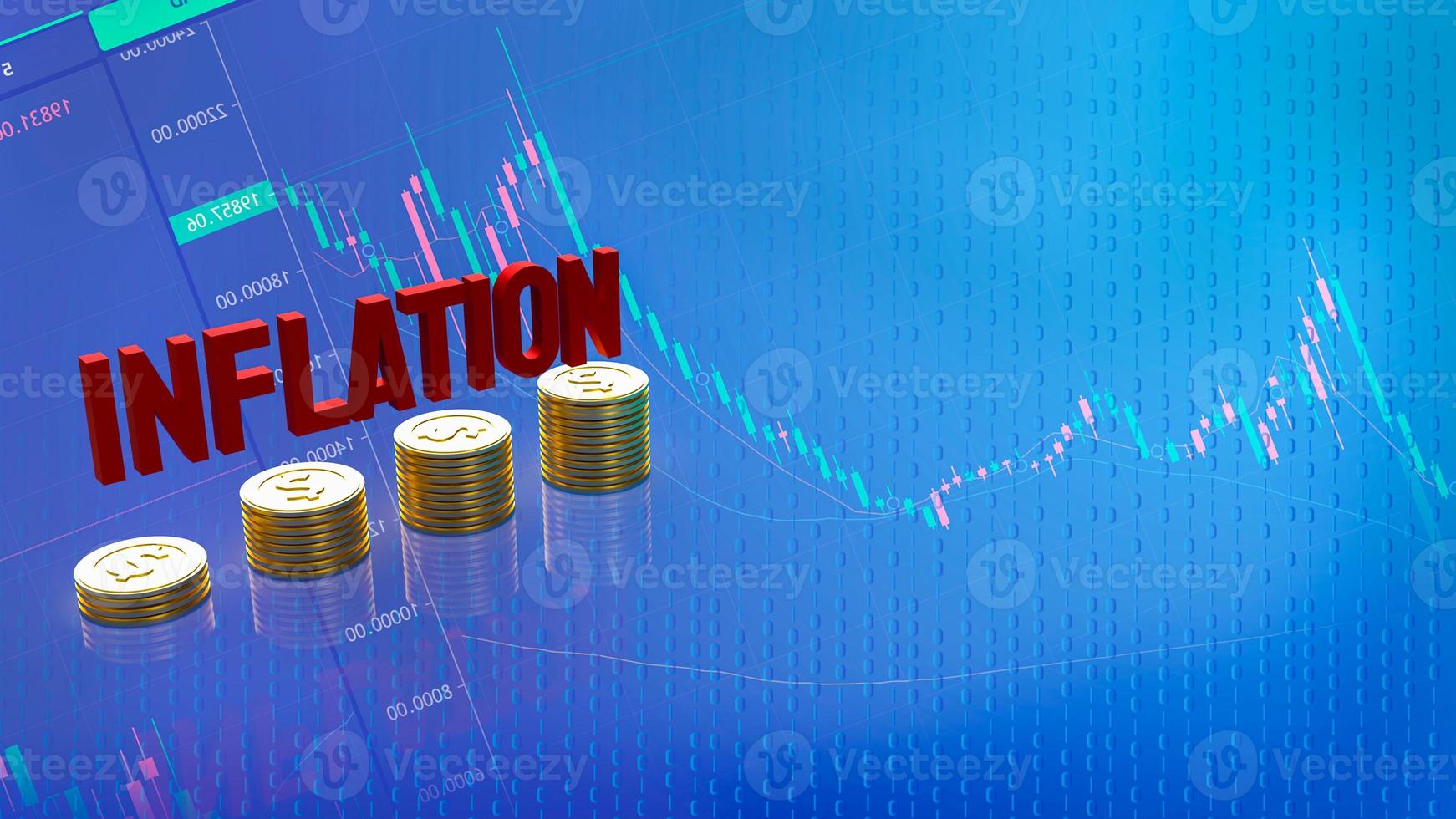 de rode inflatie en gouden munten op zakelijke achtergrond 3D-rendering foto